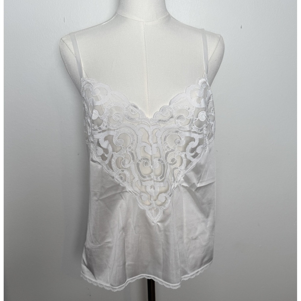 Vintage White Lace Camisole Slip Top Satin Nylon Lingerie Cami Size 38